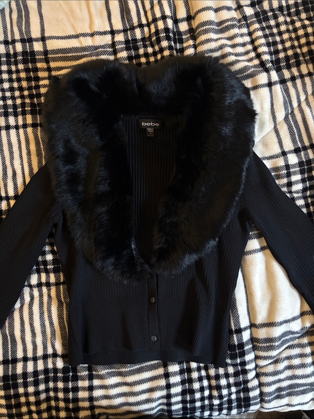 bebe Black Ribbed Cardigan with Plush Faux Fur Shawl Collar